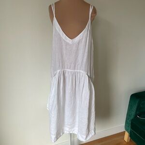 Haris Cotton White Linen Drop Waist Double Strap V-Neck Dress w/ Pockets EUC S